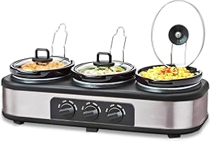 Schallen Stainless Steel Stew and Stir Slow Cooker Cooking Machine, Family Sized, Energy Efficient, Removable Ceramic Pot, Brushed Silver (Triple - 3 x 1 Litre)