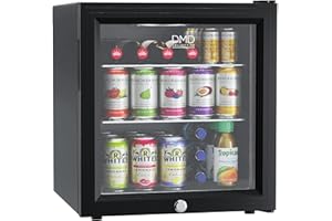DMD Collective – Glass Mini Fridge, 50L Beer, Wine & Drink Chiller with LED Light, With Lock + Key, Countertop Fridge with Reversible Door, Mini Bar For Bedroom, Office, Kitchen, Home