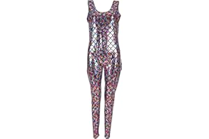 One BFD Shiny Irredescent Sleeveless Footless Dance Catsuit Unitard. Fish scale Printed Bodysuit Jumpsuit All In One Dancewear Metallic Wet Look Ladies Girls Many Sizes And Colours Cool Wash Festival Wear Metallic Catsuit Gymnastic Leotard Unitard