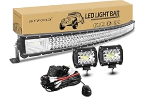 SKYWORLD 7D 52 inch 675W Curved Led Light Bar with 2 Pcs 4 inch 60W Led Pods Driving Lights Fog Lamp and 12V Wiring Harness Kit 2 Leads for 4x4 Car Off Road Trucks SUV