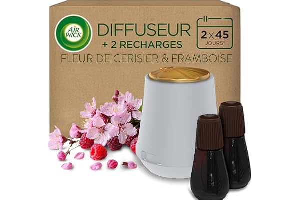 Air Wick Diffuseur d’huiles Essentielles Brume Parfumée + 2 Recharges 20ml Parfum Fleur de Cerisier et Framboise