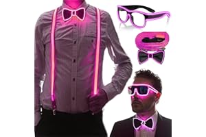 YeahBoom Bretelle LED e papillon da uomo fosforescenti,bretelle luminose a LED,per festival musicale,festa in costume di Halloween, rave party,Natale,forniture per feste al neon fosforescenti