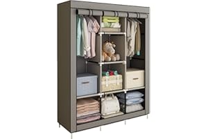 ACCSTORE Canvas Wardrobe Cupboard Clothes Storage Organiser With 2 Hanging Rail and 6 Shelves,Grey