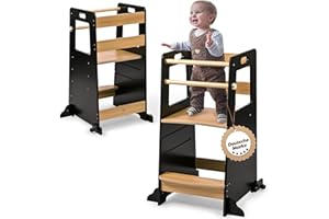 Baby Vivo Wieża edukacyjna z drewna z regulacją wysokości – ochrona przed przewróceniem się, meble kuchenne dla dzieci od 1 roku życia do 50 kg – wieża edukacyjna z 2 drążkami bezpieczeństwa,
