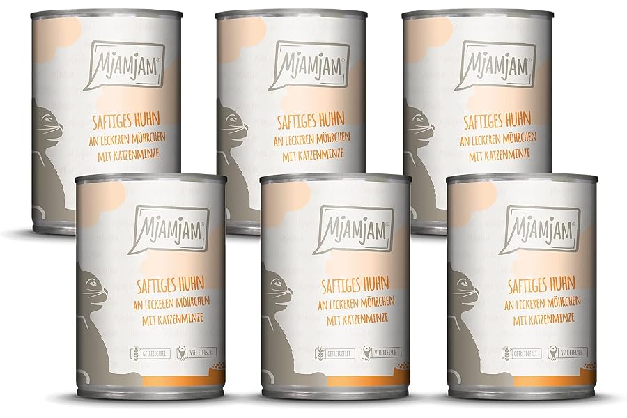 MjAMjAM - Premium Nassfutter für Katzen - saftiges Huhn an leckeren Möhrchen, 6er Pack (6 x 400 g), getreidefrei mit extra vi