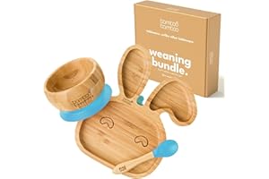bamboo bamboo Baby Plate & Bowl Weaning Set for Feeding and Weaning, Bamboo Bunny Plate, Toddler Bowl & Baby Spoon with Secure Suction for Babies from 6 Months (Bunny, Blue)