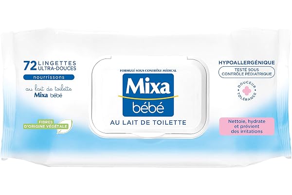 Mixa Bébé Lingettes au Lait de Toilette – Hypoallergénique – Testé sous contrôle pédiatrique - Fibres d’origine Végétales x72 lingettes