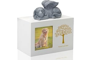 DiDiBirDi urna dla zwierząt domowych, skrzynka na popiół dla psa, drewniana, biała, na popiół, z aniołkiem i workiem na popiół