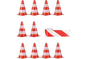 Relaxdays Pylonen 10er Set mit 50 m Absperrband & Aufbewahrungsbeutel, Markierungskegel, Verkehrshütchen 22,5 cm, orange