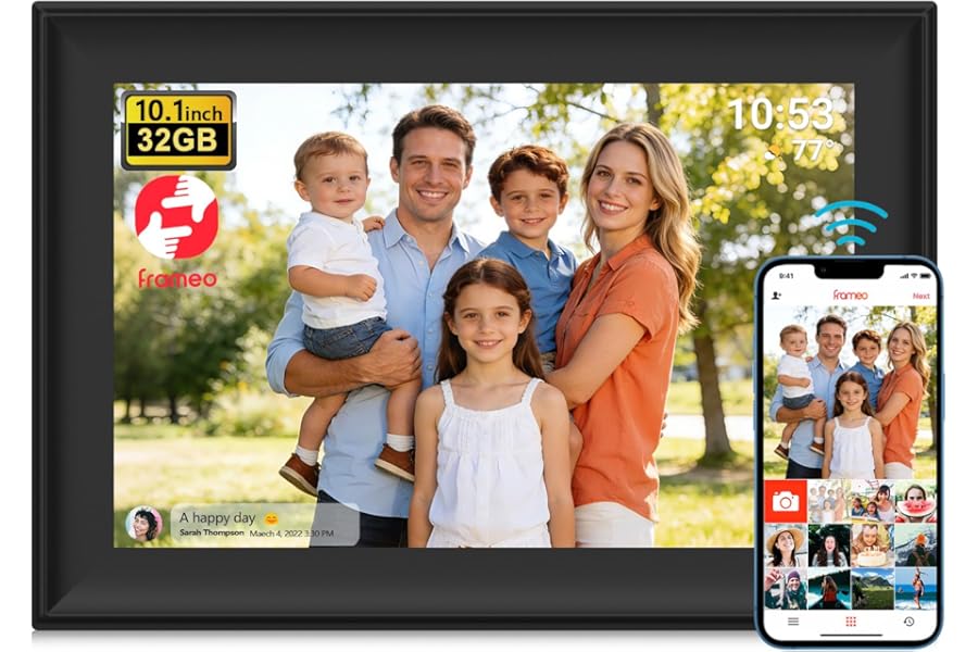 FRAMEO Digital Photo Frame 10.1 Inch WiFi Digital Photo Frame with Touch Screen – 1280x800 HD IPS Display, Auto-Rotate, 32GB Built-in Storage, SD/USB Support, Instant Sharing via FRAMEO App