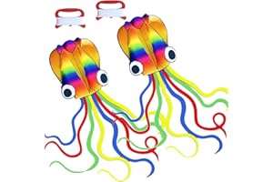 DYUEE 2 Pack Large Rainbow Soft Octopus Kites, Long Colorful Tail Easy to Fly Come with Handle and 100 meters Flying String, Great Gift to Boys Girls for Kids Adults Outdoor Activities Beach Park Trip
