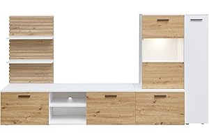 AVANTI TRENDSTORE - Mezzenile - Parete attrezzata elegante in legno laminato nel colore quercia Artisan/bianco con colonna, mensola a muro e mobile TV. Dimensioni LAP ca. 250x135x38 cm