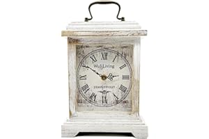 WuJiLiving Wooden Mantel Clock, Rustic White Distressed Finish, Vintage Roman Numeral Dial, Silent Quartz Table Shelf Clock for Living Room, Fireplace