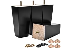 TCHOSUZ 6 inch / 15cm Wooden Furniture Legs, Pack of 4 Mid Century Modern Solid Wood Black Pyramid Square DIY Replacement Feet with M8 Hanger Bolts & T-Nuts for Sofa Couch Armchair Bed Riser