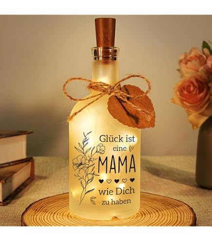 LED-Flasche Mit Spruch „Glück Ist, Eine Mama Wie Dich Zu Haben“ – 29 Cm Hoch, Mit Glitzereffekt, Grauer Druck