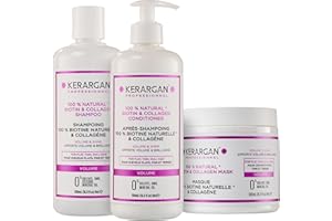 Kerargan - Trío Voluminizador Champú, Acondicionador & Mascarilla con Biotina & Colágeno - para Cabello Lacio, Fino y Apagado - Sin Sulfatos, GMO, Silicona, Aceite Mineral - 3x500ml+1x100ml