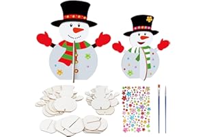 SUNYOK 12 Stück Schneemann Holz Bastelset Kinder Weihnachten Holz 3D Schneemann zum Bemalen mit Pinsel Weihnachtsbastelsets Holzfarbe Kunsthandwerk Kinder Geschenk für Weihnachten Deko DIY Handwerk