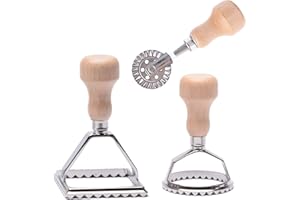 MASTER FENG Ravioli Maker Stamp Sellos Para Hacer Raviolis, Molde para Hacer Pasta con Mango de Madera y Borde Acanalado 3 Set with Cutter