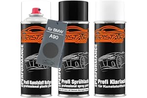 TRISTARcolor Vernice per auto Kit bombolette spray per plastica per BMW A90 Sophistograu Brilliant Metallic base adesiva vernice di base vernice trasparente con plastificante