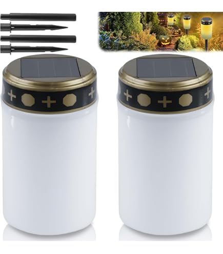 Lumino Cimitero Solare - 2 Pezzi Impermeabili Con Sensore Crempuscolare, Luci Per Tombe A LED Con Picchetti, Lampade Commemorative Da Esterno