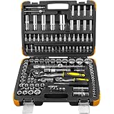 JOMAFA 113-Piece Tool Case with Sockets, Ratchets and Bits | With 12-sided chrome vanadium steel sockets. Tool case 1/2 and 1