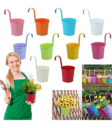Macetas Colgantes Metal 10 Unidades - 10 Colores, Gancho Extraíble, Orificio Drenaje, Para Balcón Y Jardín