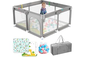 JUPPLIES Parque Infantil Bebe 120x120cm + Alfombra Bebe + 50 Bolas + Bolsas de Transporte – Corralito Bebe con Malla Transpirable – Parque de Juegos Bebe – Playpen Bebe - (Gris V2)