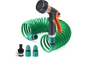KULAMO Tuyau d'Arrosage Extensible 7.5m, Tuyau d'Arrosage Spirale avec 8 Modes Pistolet d'arrosage, Pistolet Arrosoir pour le Lavage des Voitures, les Jardins, les Plantes, les Animaux domestiques (7,5 M)