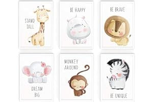 WIETRE 6er Set Bilder Tiere Kinderzimmer Babyzimmer Deko | Bild Junge Mädchen Poster DIN A4 | Waldtiere Safari Afrika Tiere Tierposter Dekoration (mit weißen Rahmen)