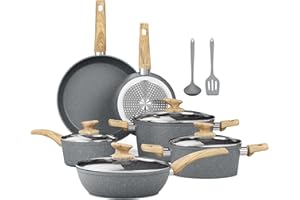 Kitchen Academy Induction Cookware Sets - 12 Piece Cooking Pan Set, Gray Granite Nonstick Pots and Pans Set, Induction Hob Pans Set