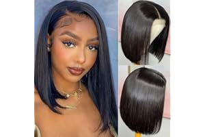 Perruque 13x4 HD Transparent Bord Droit Dentelle Front Bob Perruque Cheveux Humains MSGEM 10 pouces Brazilian Straight tête vierge Bob Perruque Femmes Noires Couleur Naturelle 150% Densité