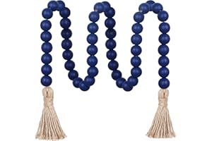 Meplait 39in Wood Bead Garland with Tassels, Farmhouse Rustic Decor Prayer Beads Boho Tassel Garland Wall Hanging Home Decor (Navy Blue)