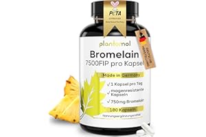 ‎PLANTOMOL 180 Bromelain Kapseln mit 7500 FIP/Kapsel - Bromelain hochdosiert - 750mg Bromelain Enzym aus Ananas - Enzymaktivität von 10.000 FIP/g - 6 Monatsvorrat