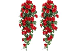 Yiyifor Piante Artificiali Appese, 2 Pezzi Ghirlanda di Fiori Rose Artificiali con Foglie Verdi per La Festa Nozze Casa Decorazione (red)