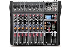 Consola mezcladora de audio BOMGE de 8 canales con Bluetooth USB, entrada de grabación para PC, conector para micrófono XLR, fuente de alimentación de 48 V, apta para profesionales y principiantes