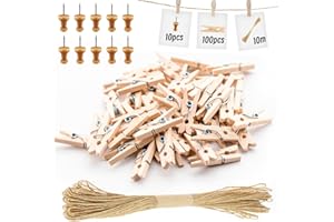 BOOHO 100Pcs Wooden Pegs, 3.5cm Clothes Pegs for Washing Line Small Pegs Wood Craft Clips with 10 Thumbtacks and 10m Twine for Hanging Photos, Arts and Craft （3.5×0.7cm / 1.4×0.3inch）