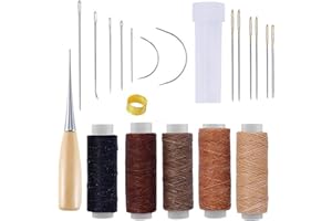 VULCYXA Kit de Costura para Cuero 21 Piezas, Hilo para Coser Cuero, Aguja Zapatero, Punzón, Dedal y Botella de Agujas, Ideal para Reparación de Cuero, Manualidades DIY, Reparar Zapatos Bolsos Cinturones