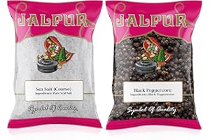 JALPUR MILLERS Spice Combo Pack - Coarse Sea Salt 200g and Whole Black Peppercorns 100g - Premium Quality Seasoning Set for Cooking, Grilling, Marinades & Everyday Use - Natural Ingredients (2 Pack)