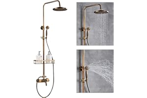 Fetcoi Juego de ducha retro – Sistema de ducha de latón antiguo con termostato, ducha de lluvia, columna de ducha, columna de ducha vintage con alcachofa de mano y ducha de lluvia