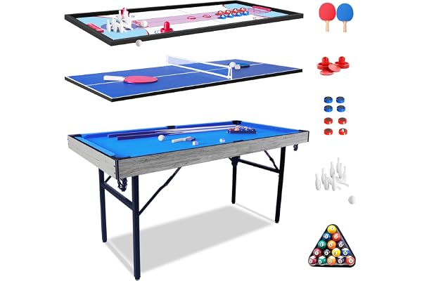 HLC 5 en 1 Table de Billard/Piscine Pliante Tables de Ping-Pong Shuffleboard, Curling Bowling Air Hockey Jeu de Table (140 * 69 * 79cm)