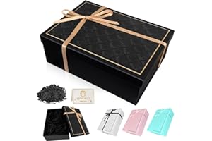 NOKWOCY Geschenkbox mit Deckel, 25x18x8.5cm Falt Geschenke Box mit Schleifen, Raffia, Grußkarten - Set, Geschenkbox Geburtstag für Valentinstag Geburtstage Weihnachten Hochzeit (Schwarz)