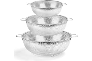 HaWare Colander Set of 3, Stainless Steel Colanders with Handle, Metal Colander Perforated Strainer for Kitchen Pasta/Vegetable/Rice/Fruit/Food - Dishwasher Safe- （16/22/28 cm）