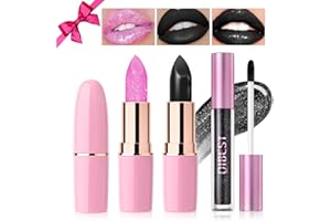 Desing Wish 3 Pezzi Rossetto Nero Glitter PH Cambia Colore Lunga Durata Set Lucidalabbra Magico Rossetti Kit Labbra Opaco Rosso Lipgloss Rossetto Volumizzante Lipstick Matte Trucco Regalo Donna
