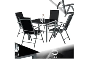 tectake® Gartenmöbel Set mit Tisch und 4 klappbaren Stühlen mit Verstellbarer Rückenlehne, Aluminium Gartenmöbel 4+1, Sicherheitsglas Tischplatte, Gartentisch mit Stühlen, wetterfest - anthrazit