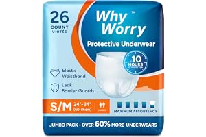 WhyWorry Inkontinensbyxor Vuxna, Absorberande Blöjbyxor för Män och Kvinnor, Andningsbara Engångsbyxor med Maximal Absorptionsförmåga, Luktkontroll, Unisex, Storlek S/M, 26 Stycken