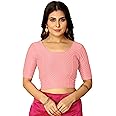Amazon Brand - Anarva Round Neck Dobby Cotton Lycra Stretchable Elbow Half Sleeve Readymade Saree Blouse for Women Stylish