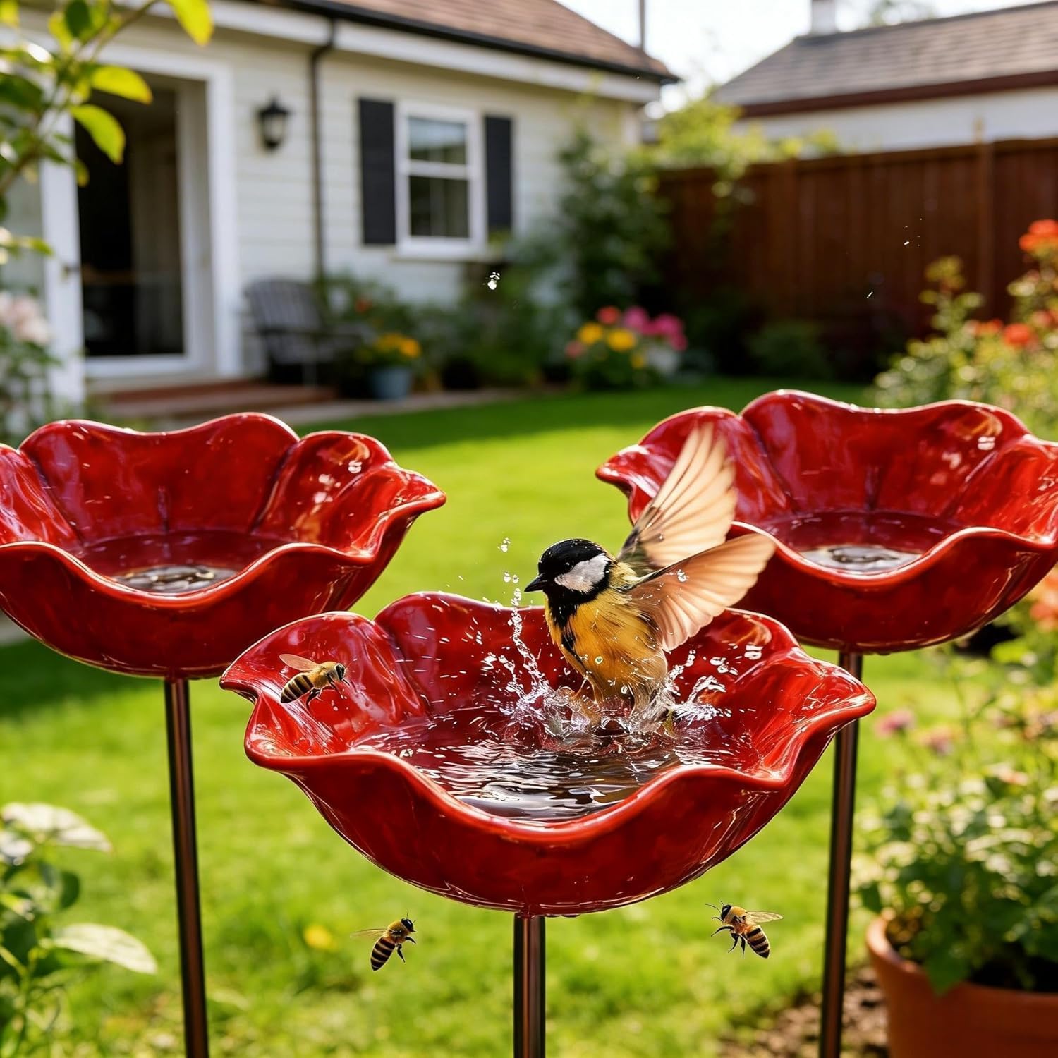 2026 New Handmade Metal Flower Garden Stake Bird Bath, Butterfly Bee Water Feeder with Flower Design, Colorful Outdoor Bird Bath Bowl for Yard, Lawn & Patio Decor(Red-3pcs)