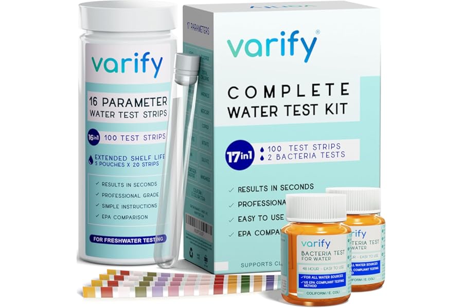 Varify 17in1 Complete Drinking Water Test Kit - 100 Strips + 2 Bacteria Tester Kits - Well, Tap, Home, City Water Testing Strip for Lead, Alkaline, Chlorine, Hardness, Iron, Fluoride, Copper & More