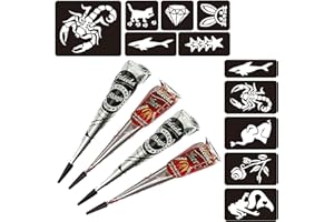 ‎NATURIC Naturic 4x Henna Tattoo, Temporäre Tattoo + 11x Henna Tattoo Schablone, Temporäre Mehndi Tattoos, Natürliche Kegel, Tattoo sticker, Temporäre Tätowierung Schwarz, Cherry Rot