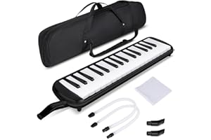 Asmuse Mélodica 32 Touches Clavier de Style Piano Instrument Musical Organ ou Accordéon avec 4 embouchures(2 extensibles+ 2 courts) et un chiffon de Nettoyage